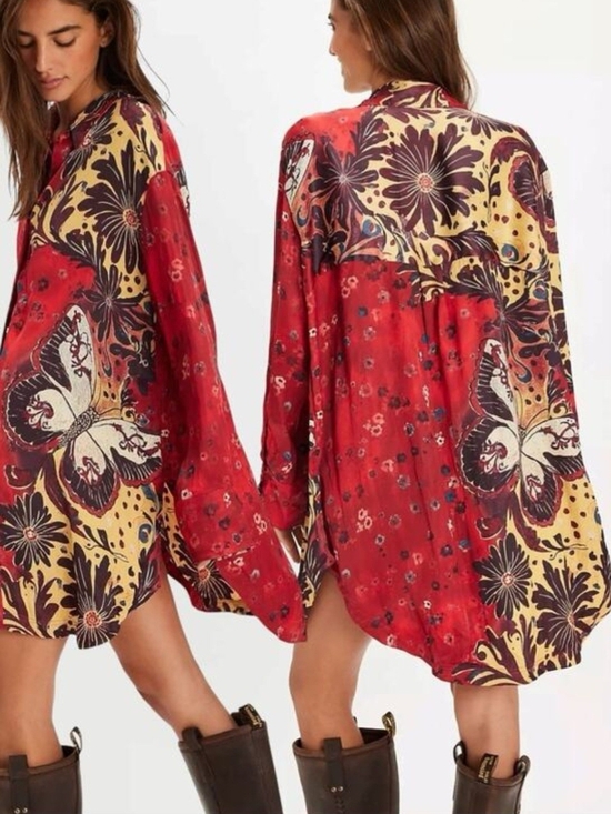 Free People Tops - Free People Off The Vine Button Down Tunic S Ruby Butterfly Floral NWT Boho
